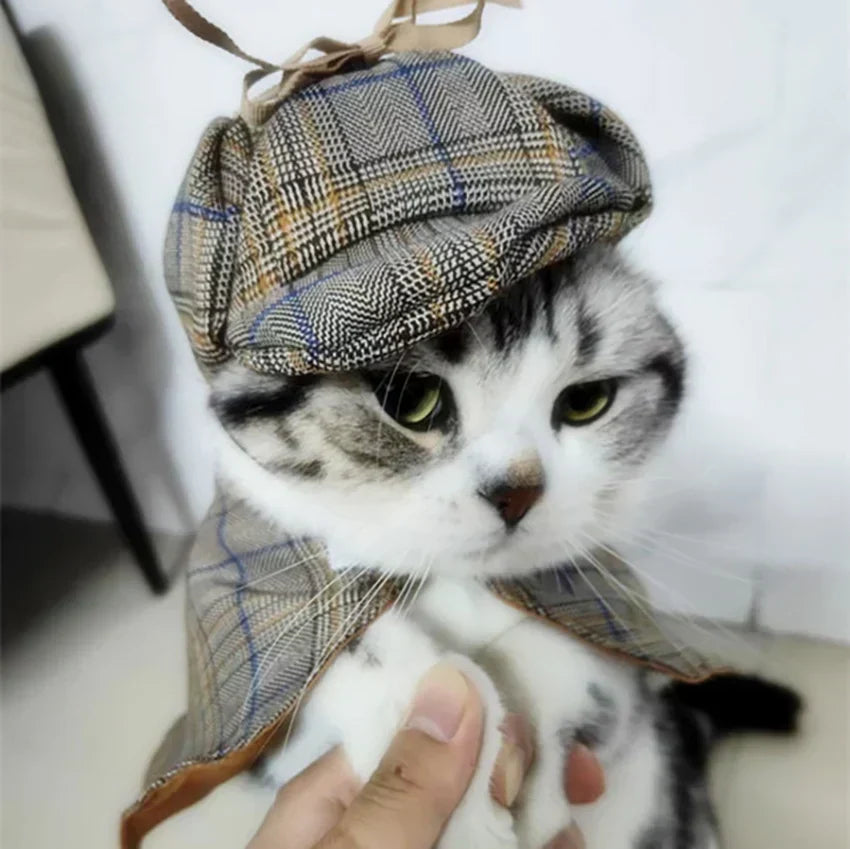 Fantasia de Detetive Xadrez com Chapéu para Cães e Gatos